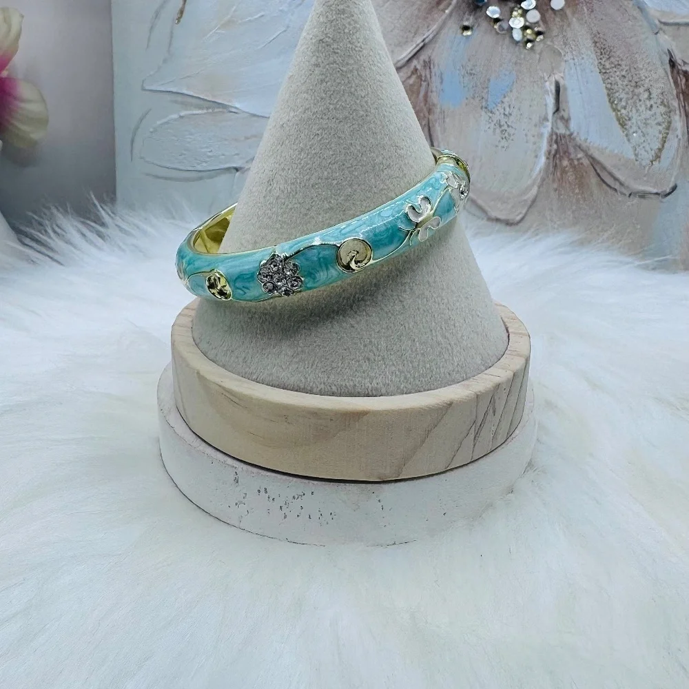 Green Flower Enamel Cloisonne Bracelet Bangle Thick Style